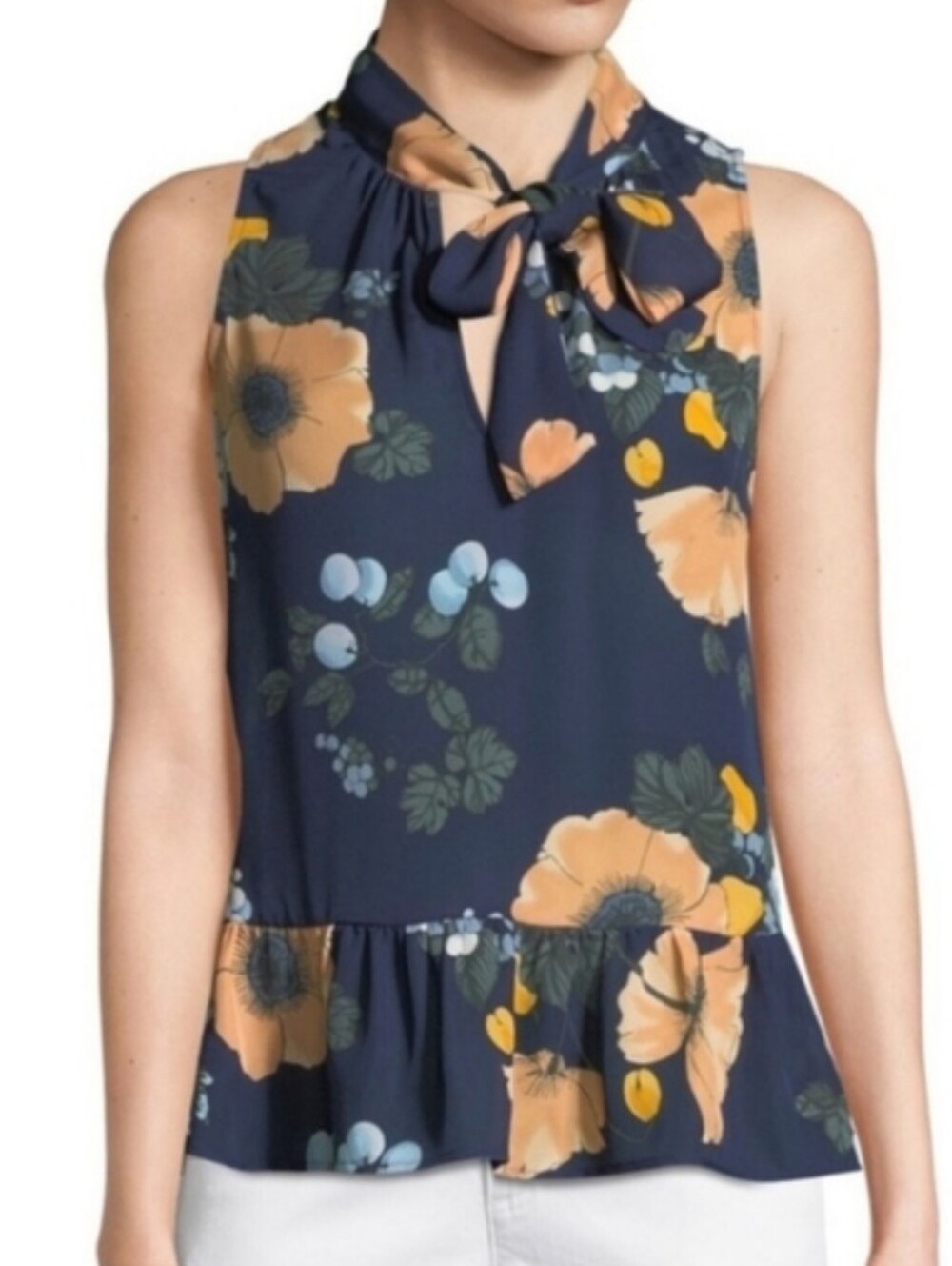 Joie Navy Floral Silk Blouse Sleeveless Tie Collar Ruffle Detail Semi Sheer Sz M